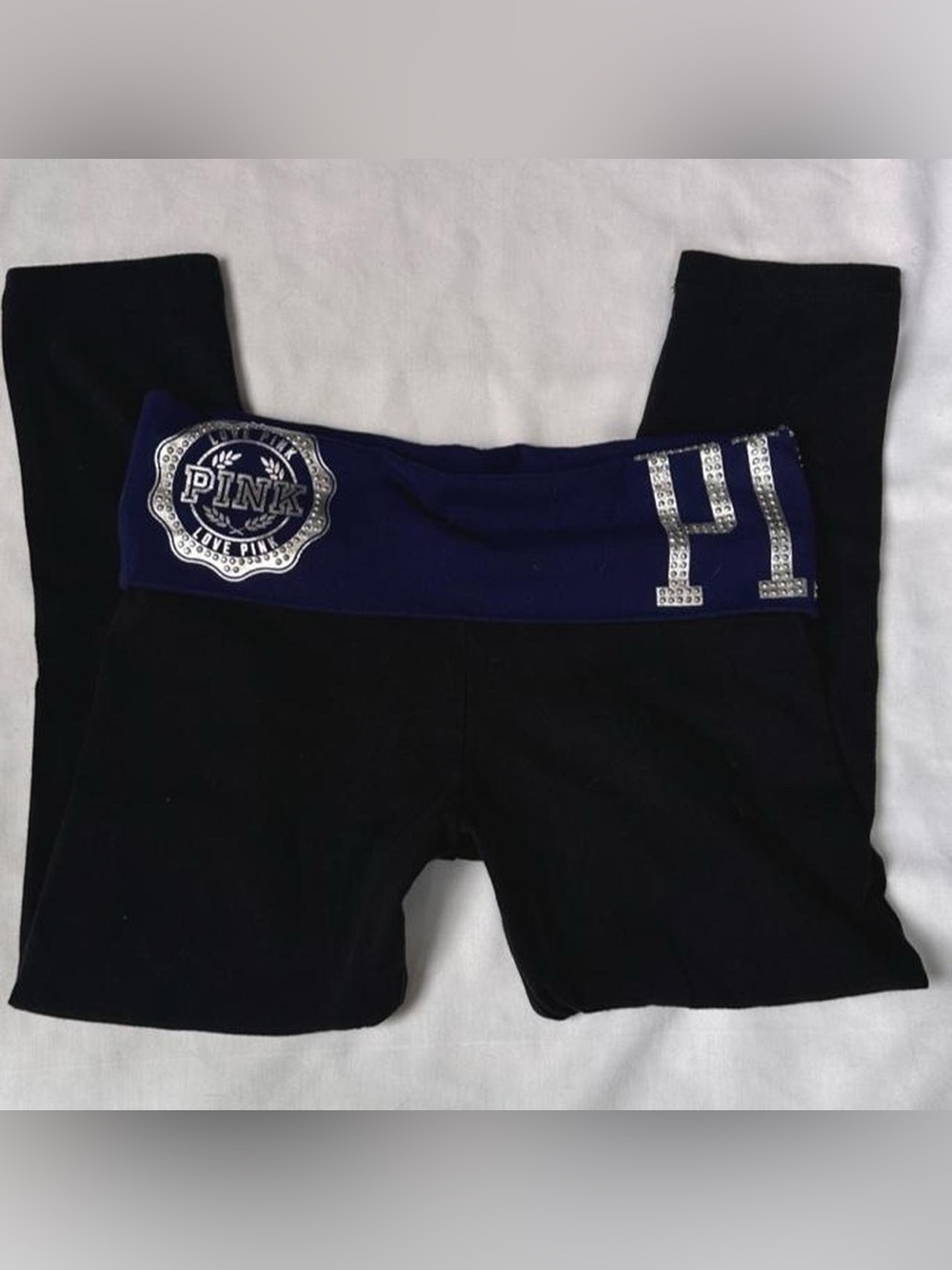 Victoria's Secret PINK Black Leggings with Navy Logo Waistband Fold Over